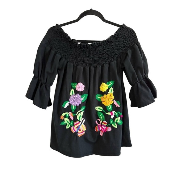Vintage VaVa by Joy Han Heavily Embroidered Black Floral Smocked Top - Medium - Picture 3 of 5